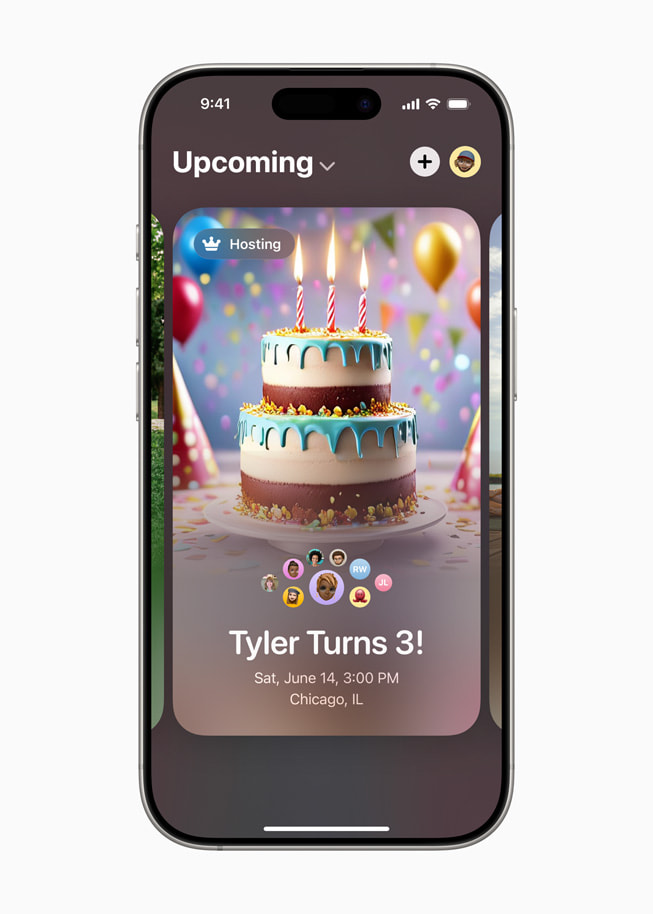 iPhone 16 Pro’daki Apple Davetiye uygulamasında, bir çocuğun doğum günü için hazırlanan davetiyede Image Playground ile üretilmiş bir doğum günü pastası görseli bulunuyor.