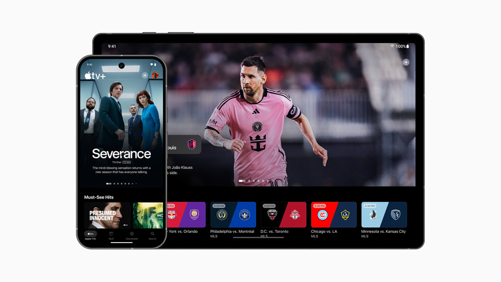 Een telefoon en tablet met daarop de Apple TV-app voor Android.