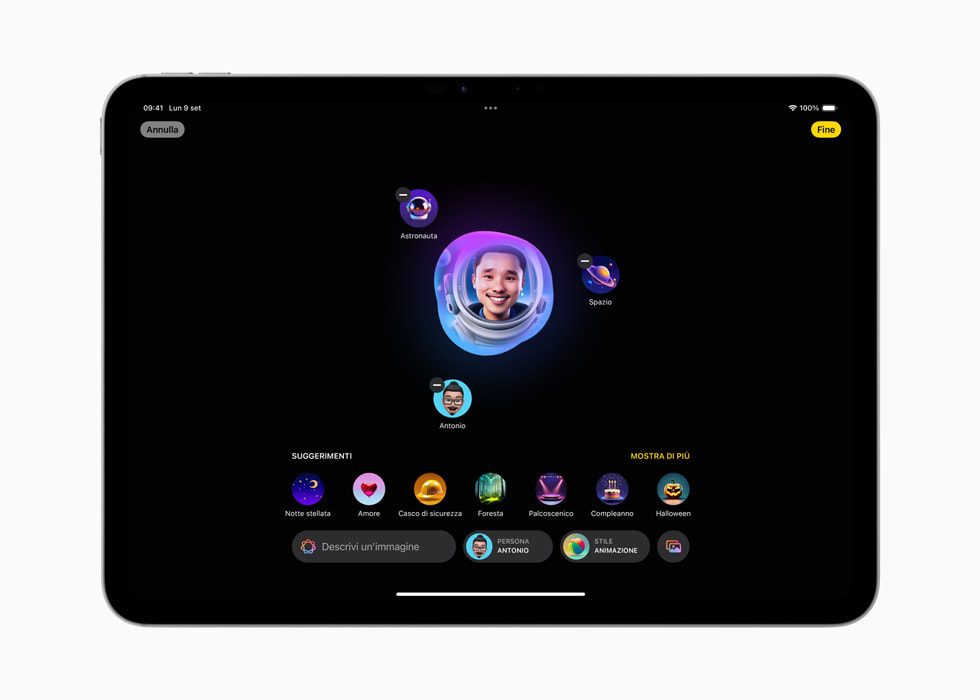 Una schermata di Image Playground su un iPad Pro da 11 pollici.
