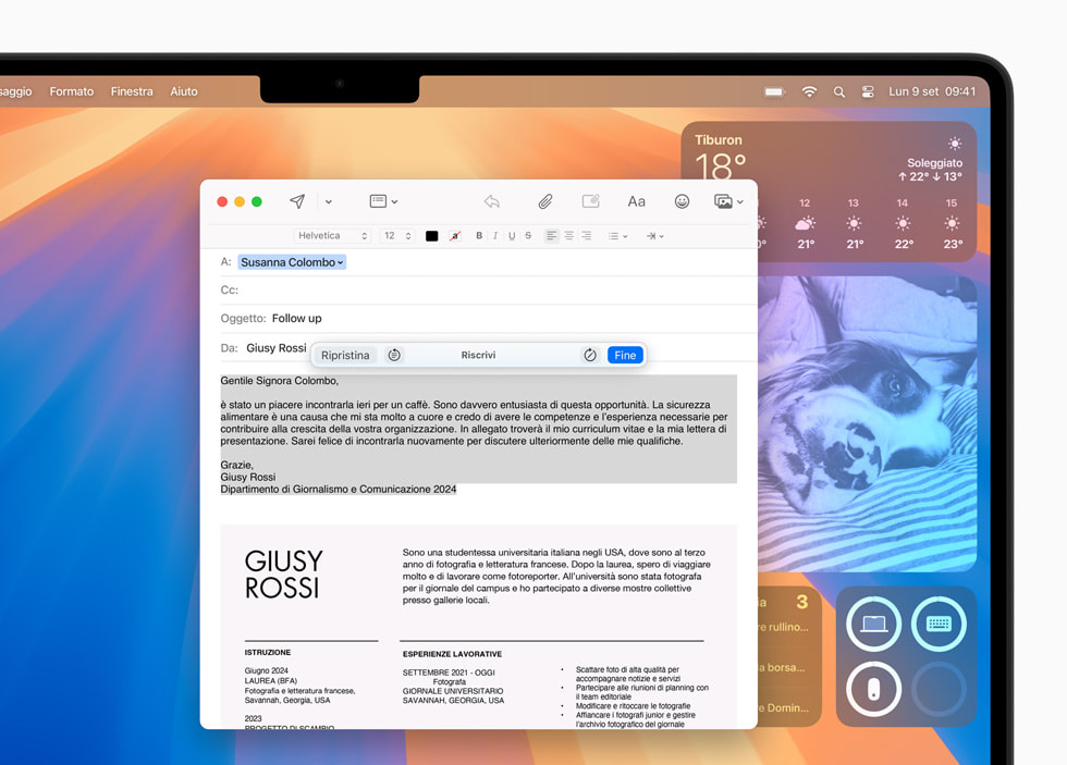 Un MacBook Pro che mostra gli Strumenti di scrittura in Mail.