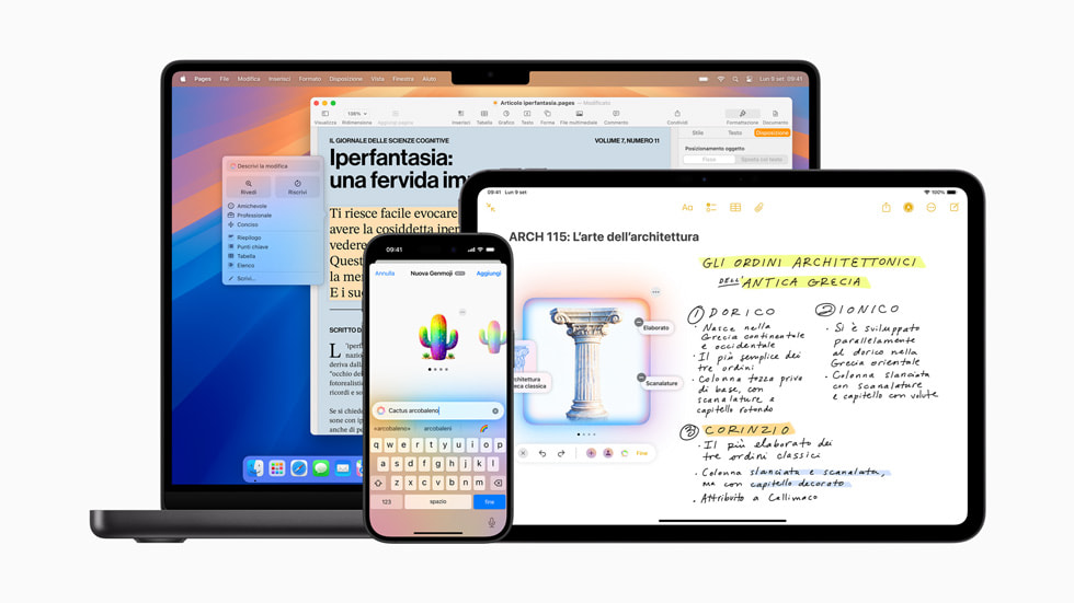 Un MacBook Pro, un iPhone 16 e un iPad Pro che mostrano la funzione Riscrivi, la creazione di Genmoji e Image Playground.