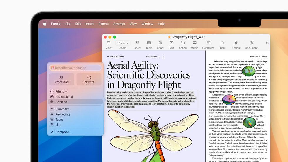 تعرض شاشة أدوات الكتابة على MacBook Air نصاً مظللاً وخيار "مختصر" محدداً من القائمة.