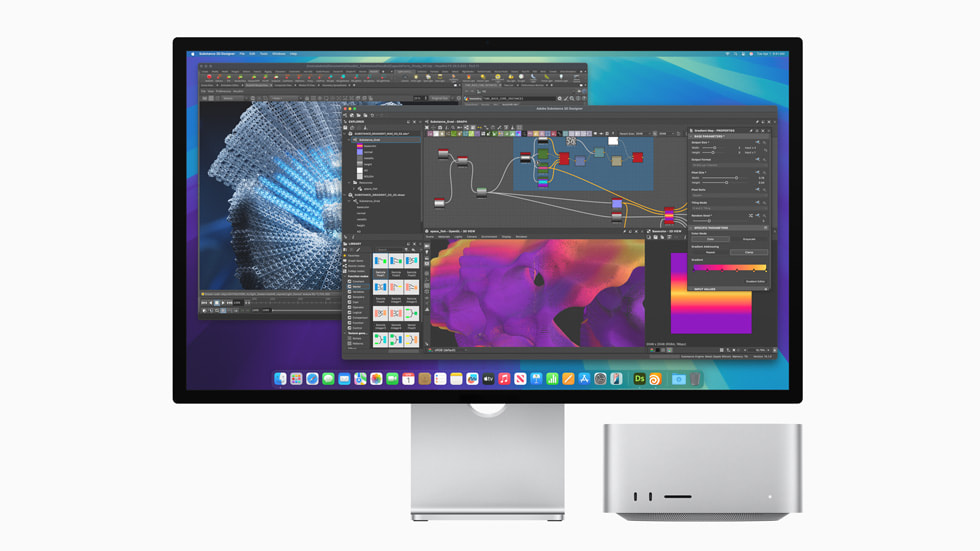 جهاز Mac Studio موضوع بجوار شاشة Studio Display التي تعرض مشروع Adobe Substance على الشاشة.