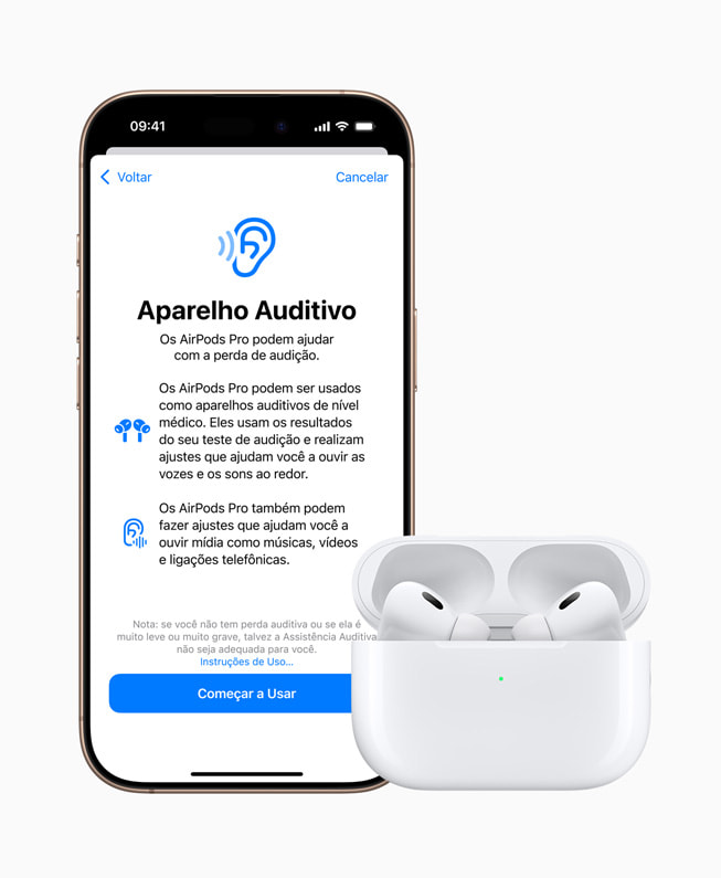 A configuração do novo recurso Aparelho Auditivo mostrada no iPhone 16 Pro com os AirPods Pro 2.