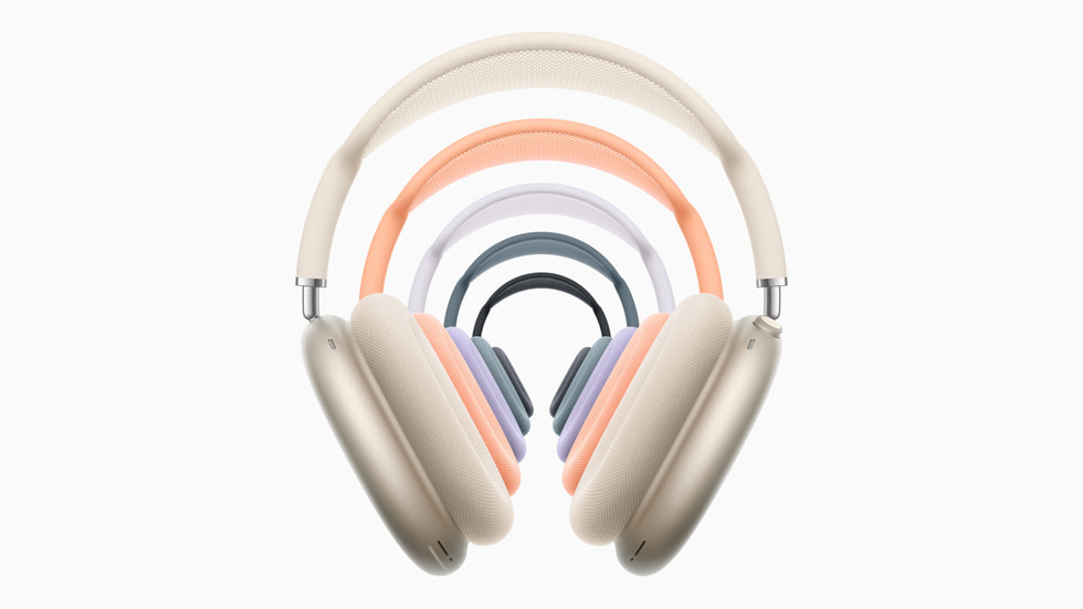 Cinq AirPods Max de différentes couleurs empilés.