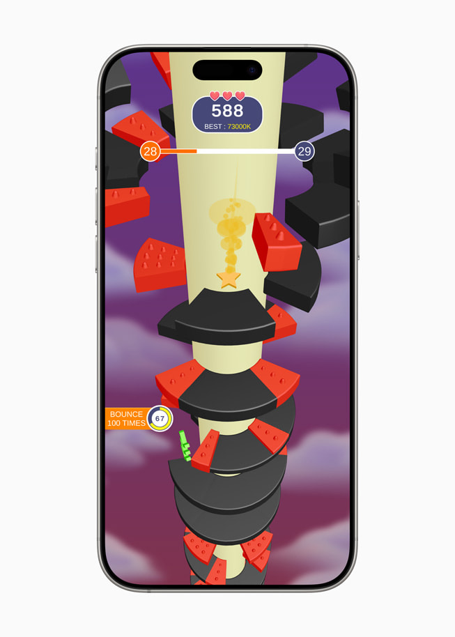 Hình ảnh trong trò chơi Helix Jump+ của Voodoo và Orbital Knight hiển thị trên iPhone 16 Pro Max. 
