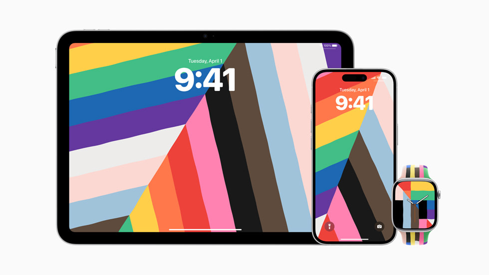 Tapeta Pride (harmonia) pokazana na iPadzie, iPhonie 16 Pro i Apple Watch.