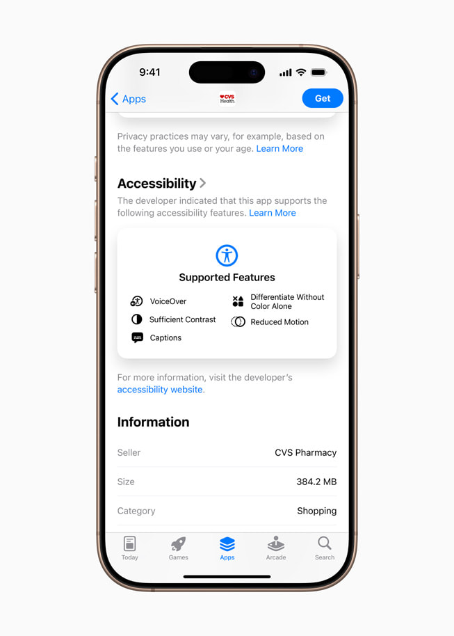 Trang sản phẩm của ứng dụng CVS Health hiển thị Accessibility Nutrition Labels trên App Store. 