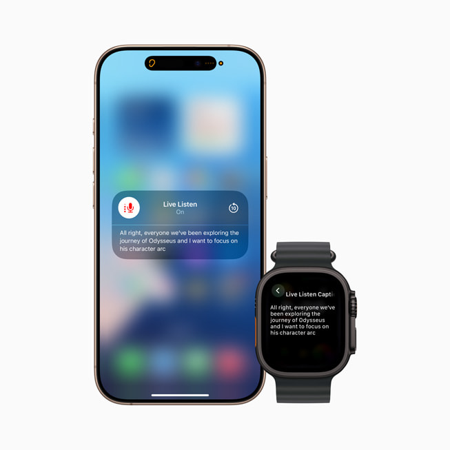 Hình ảnh tính năng Nghe Trực Tiếp trên iPhone 16 và Apple Watch. 
