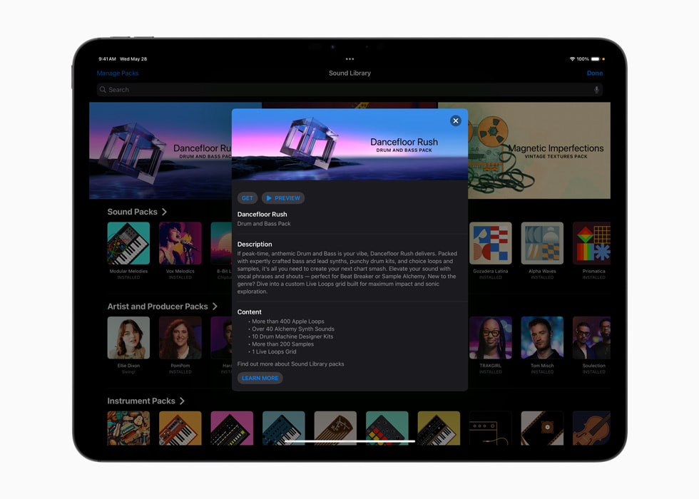 Un iPad che mostra il nuovo pacchetto audio Dancefloor Rush in Logic Pro.