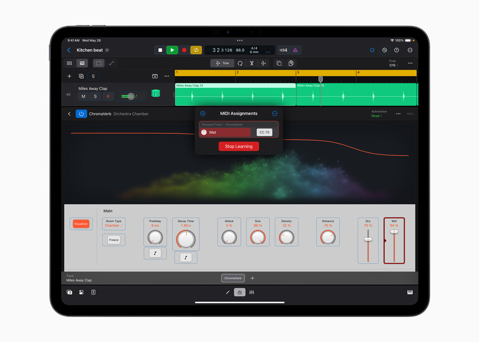 Un iPad che mostra funzione Learn MIDI in Logic Pro.