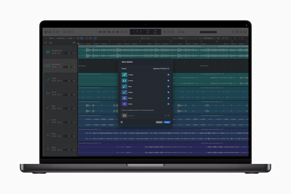 Un Mac che mostra le nuove opzioni dello strumento Stem Splitter in Logic Pro.