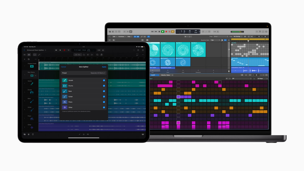 Un iPad e un Mac che mostrano i nuovi aggiornamenti di Logic Pro.