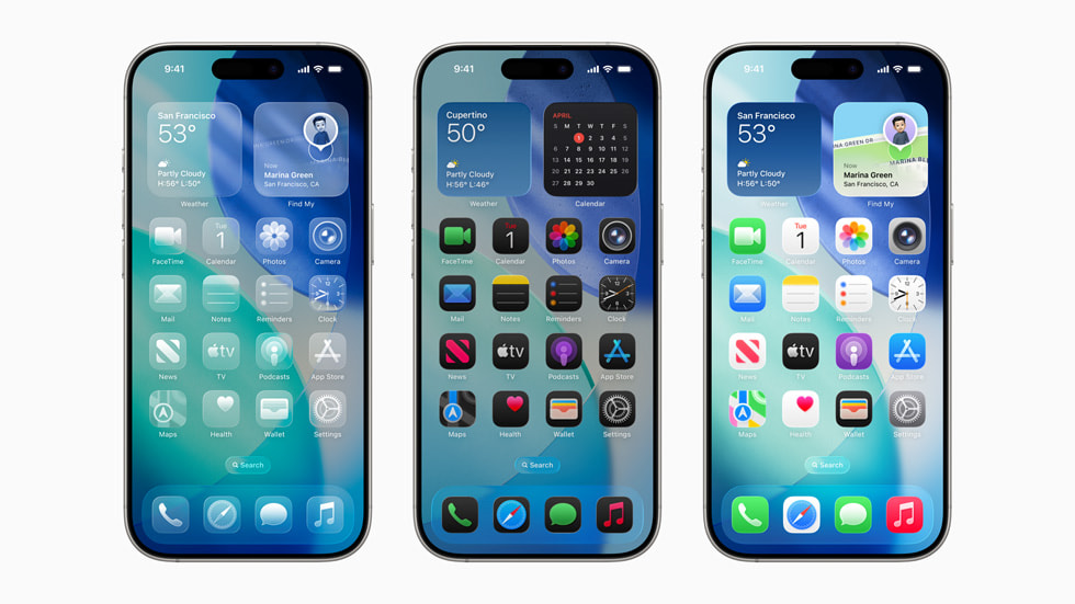 ثلاثة من أجهزة iPhone 16 Pro تعرض التصميم الجديد المصمم من مادة Liquid Glass.