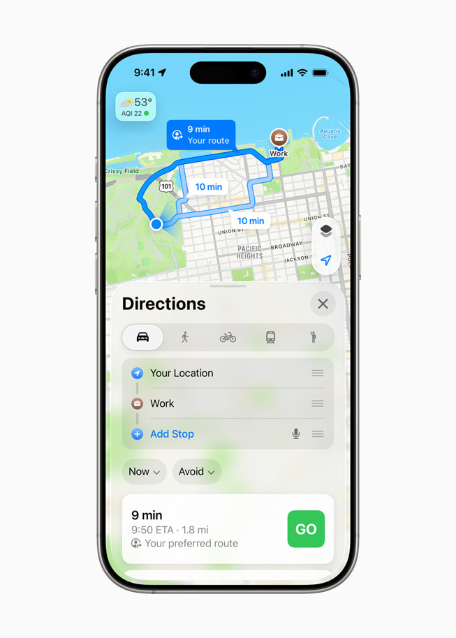 الطريق المفضل إلى المكتب لمستخدم معروض في خرائط Apple على iPhone 16 Pro.