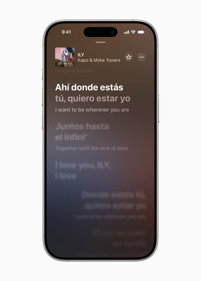 ميزة Lyrics Translation الجديدة معروضة على Apple Music على iPhone 16 Pro.