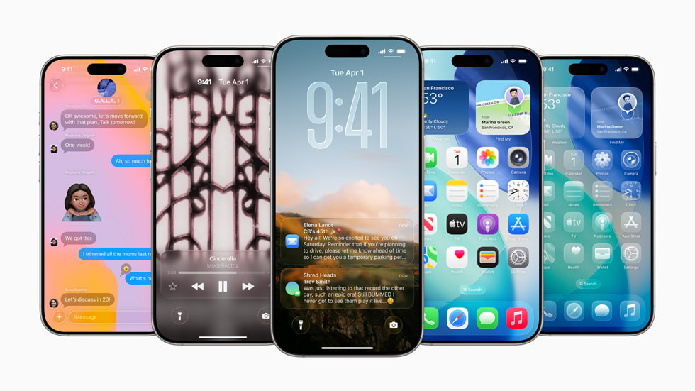 صورة لخمسة أجهزة من iPhone 16 تعرض تحديثات نظام
iOS 26.