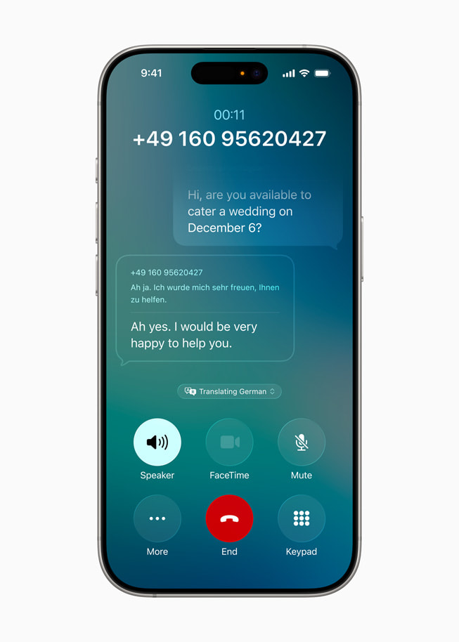 Live Translation ขณะคุยโทรศัพท์แสดงบนหน้าจอ iPhone 16 Pro  