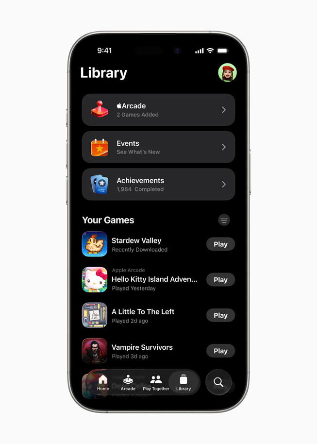 Pantalla de una biblioteca de Apple Games en un iPhone 16 Pro.