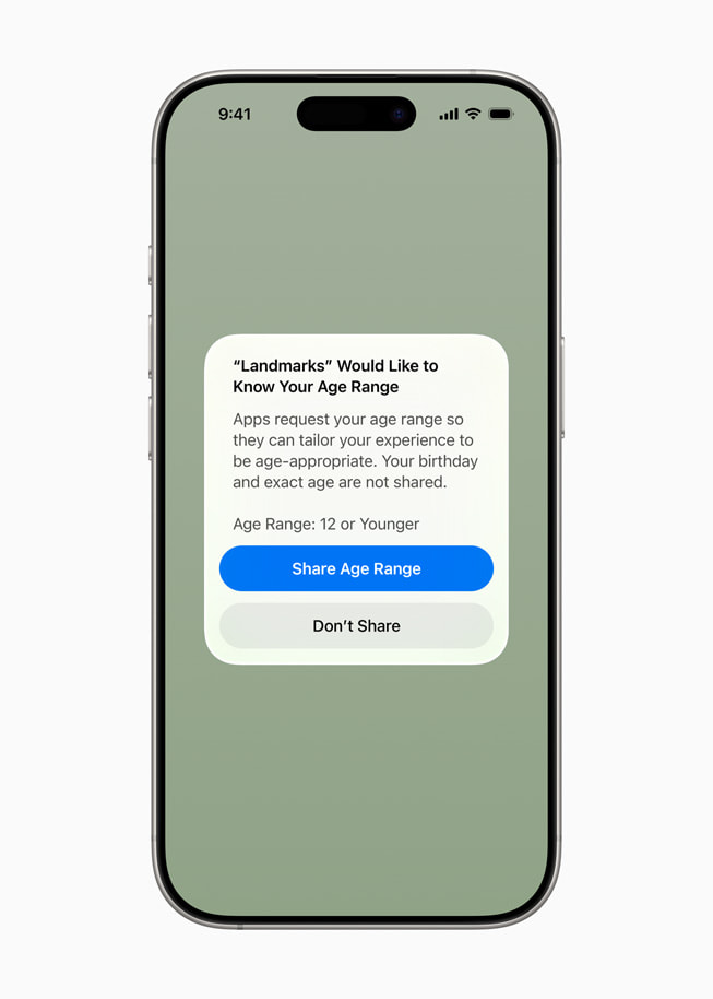 Pantalla de una app que le pide al usuario compartir su rango de edad en un iPhone 16 Pro.