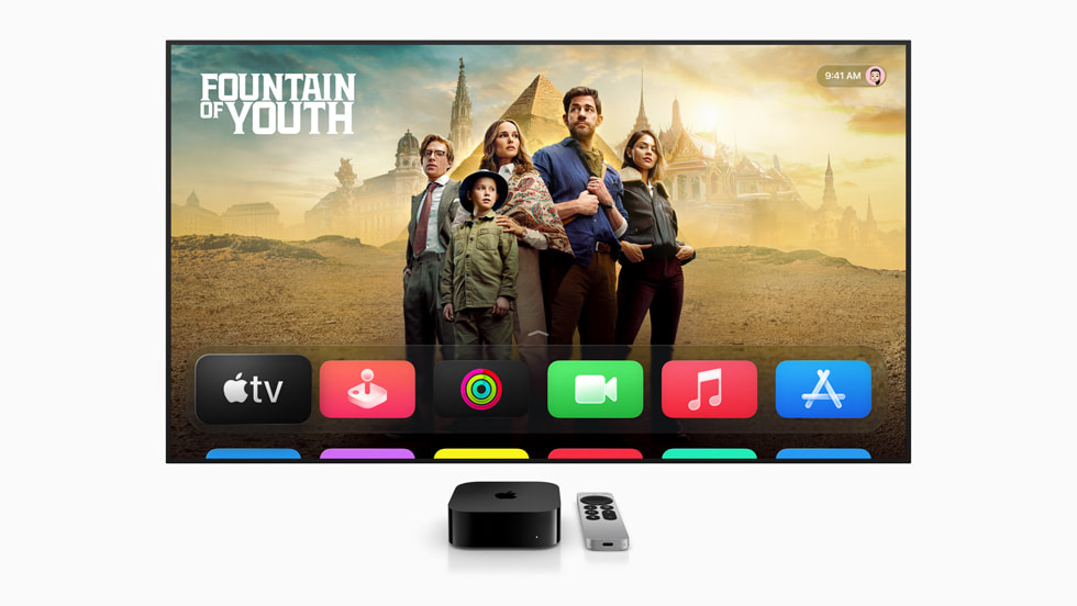 Apple TV 上顯示的 Liquid Glass 影像。
