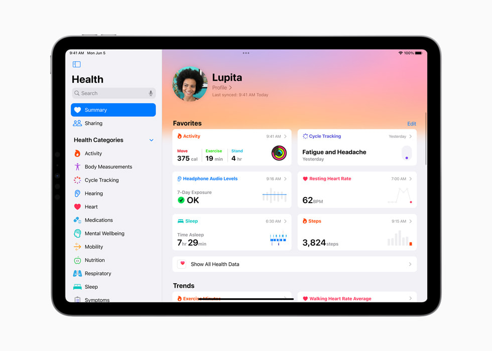 iPad Pro’da Sağlık uygulamasının özeti gösteriliyor.