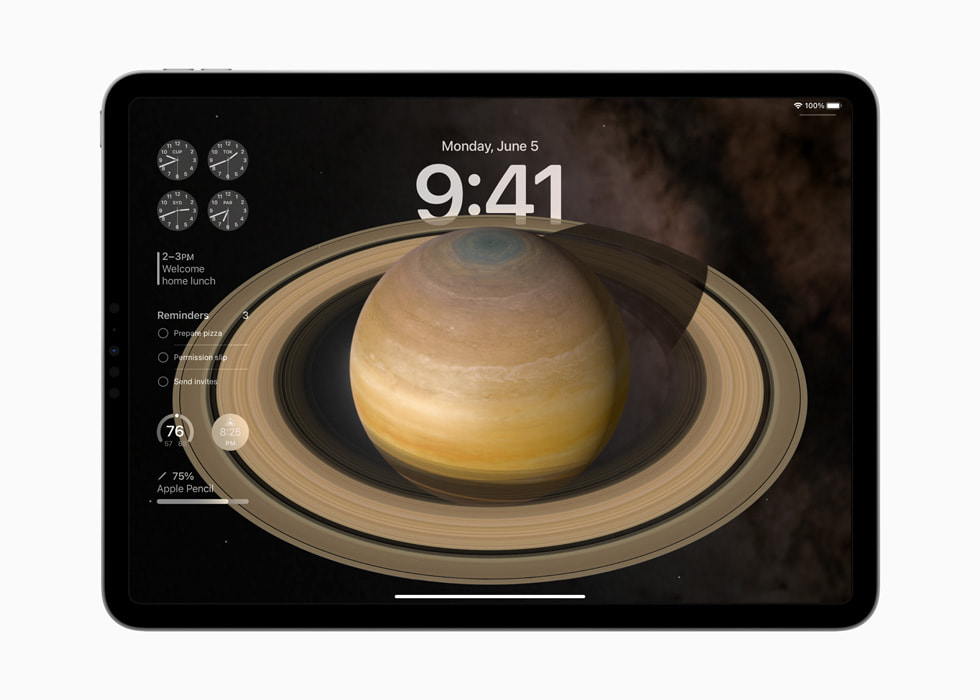 iPad Pro’da Kilit Ekranı’ndaki interaktif araç takımları gösteriliyor.