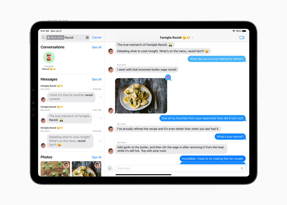 iPad Pro’da Mesajlar uygulamasında “Rich Dinh” adıyla “Ravioli” için yapılan bir arama gösteriliyor.