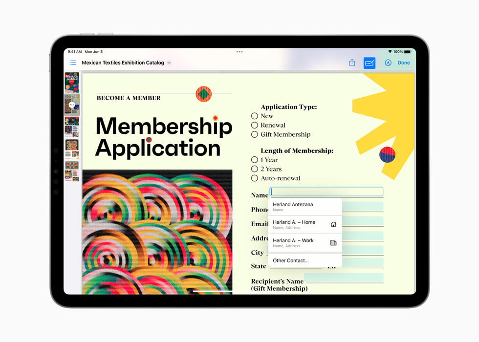 iPad Pro’da üyelik başvurusu için kullanılan bir PDF belgesinde Otomatik Doldurma özelliği gösteriliyor.