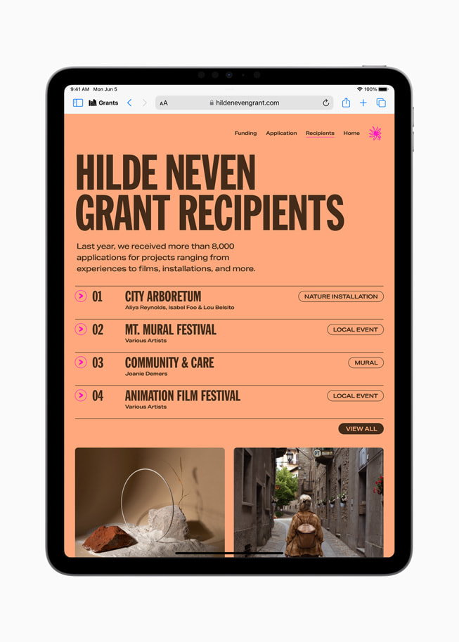 iPad Pro’da “Grants” adlı bir profil ile birlikte ekranda hibe alanlarla ilgili bir web sitesi görüntüleniyor.