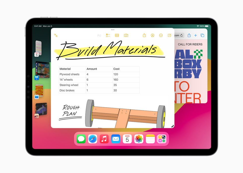 iPad Pro’da açılmış beş farklı pencere gösteriliyor.