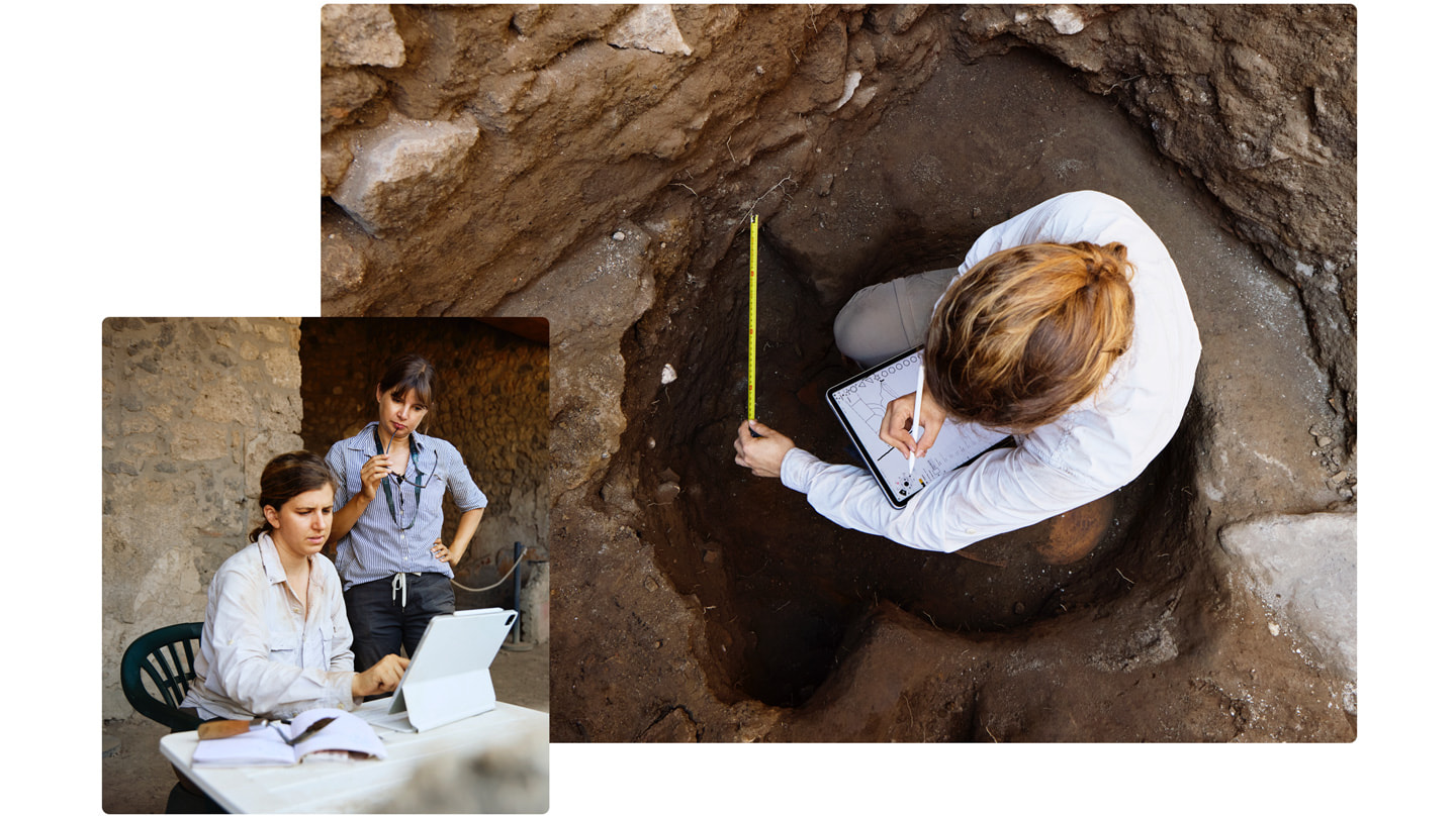 TKTK メイン画像に、発掘ピットでiPad ProとApple Pencilを使ってスケッチしながら測定しているFarrior氏が写っています。小さな挿入画像では、Farrior氏がiPad ProとMagic Keyboardの前に座り、その後ろにEmmerson博士が立っています。