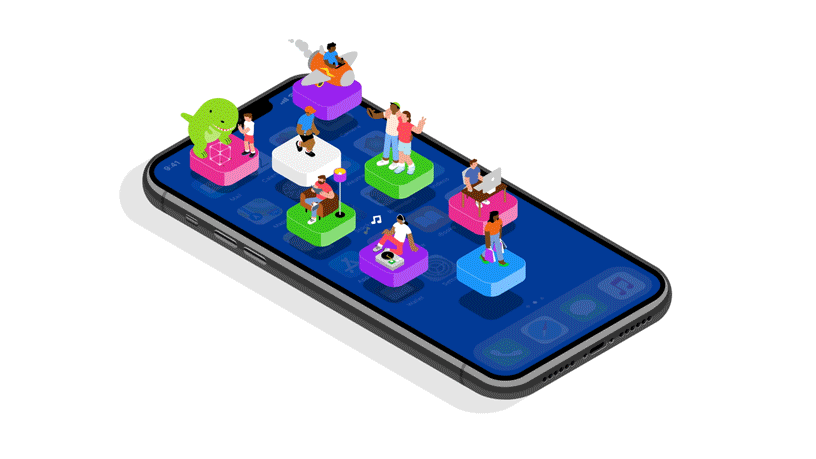 Bir iPhone’un üstünde hareket eden farklı düğmelerde gerçekleşen çeşitli etkinlikleri gösteren animasyonlu bir resim.
