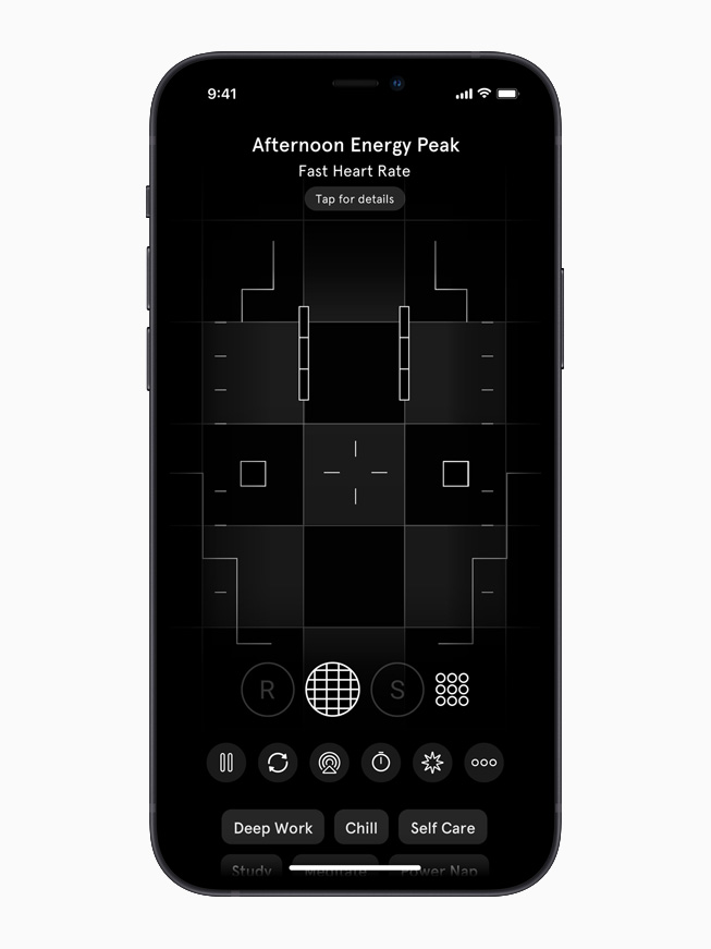 iPhone 12’deki Endel uygulamasında Afternoon Energy Peak (Öğleden Sonra Zirveye Ulaşan Enerji) ekranı görüntüleniyor.