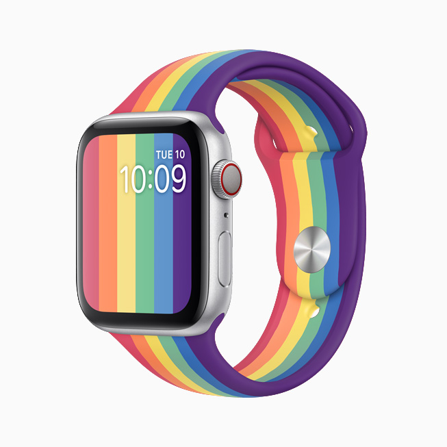 Apple Watch Pride Edition kayış ve kadranın önden görünümü.