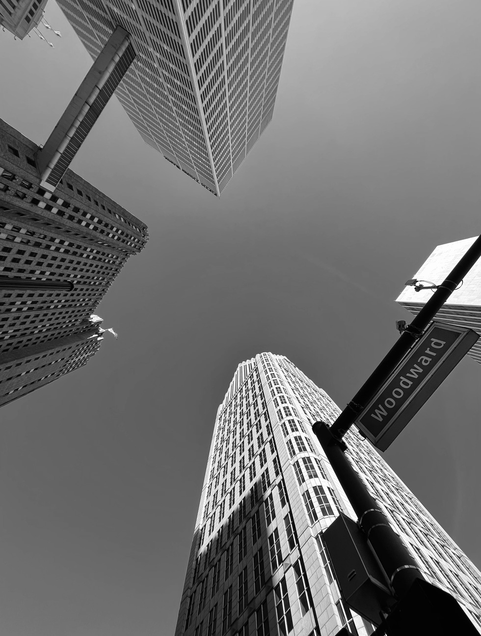 Woodward Avenue sokak tabelası ve gökdelenler.