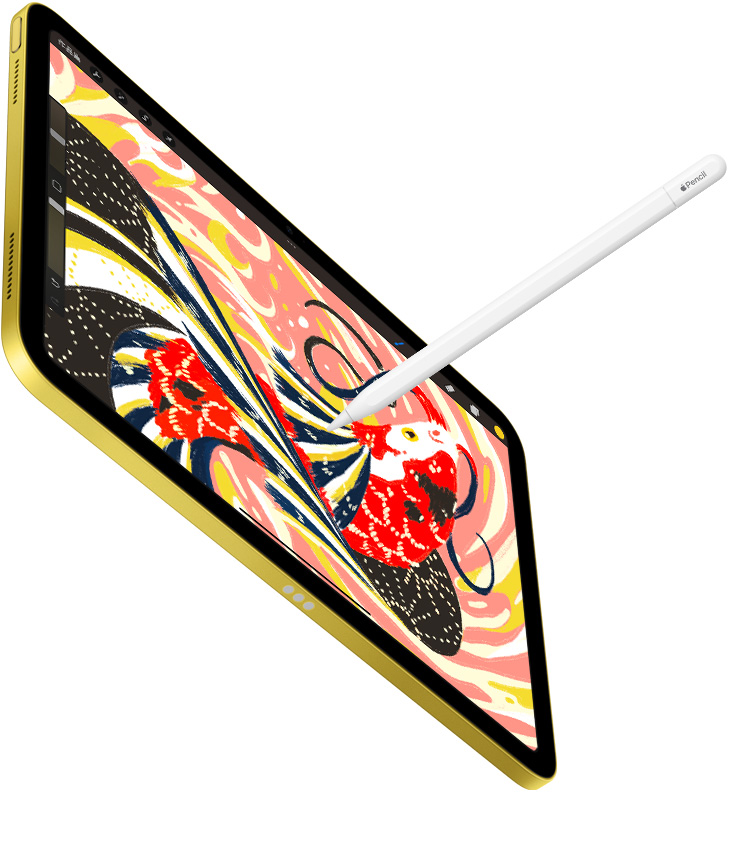 iPad 展示在 Procreate app 中一幅色彩鮮艷的魚插圖,而 Apple Pencil 正在 iPad 上畫畫