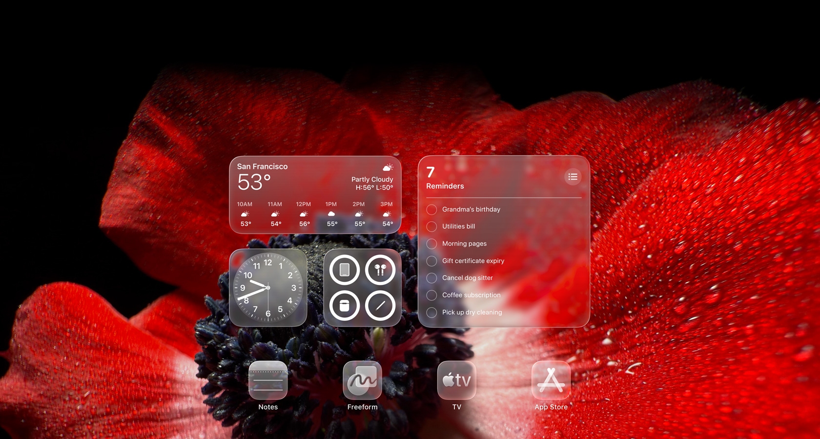 Lock Screen showing app icons for Weather, Reminders, and Clock, all translucent Liquid Glass, refracting background